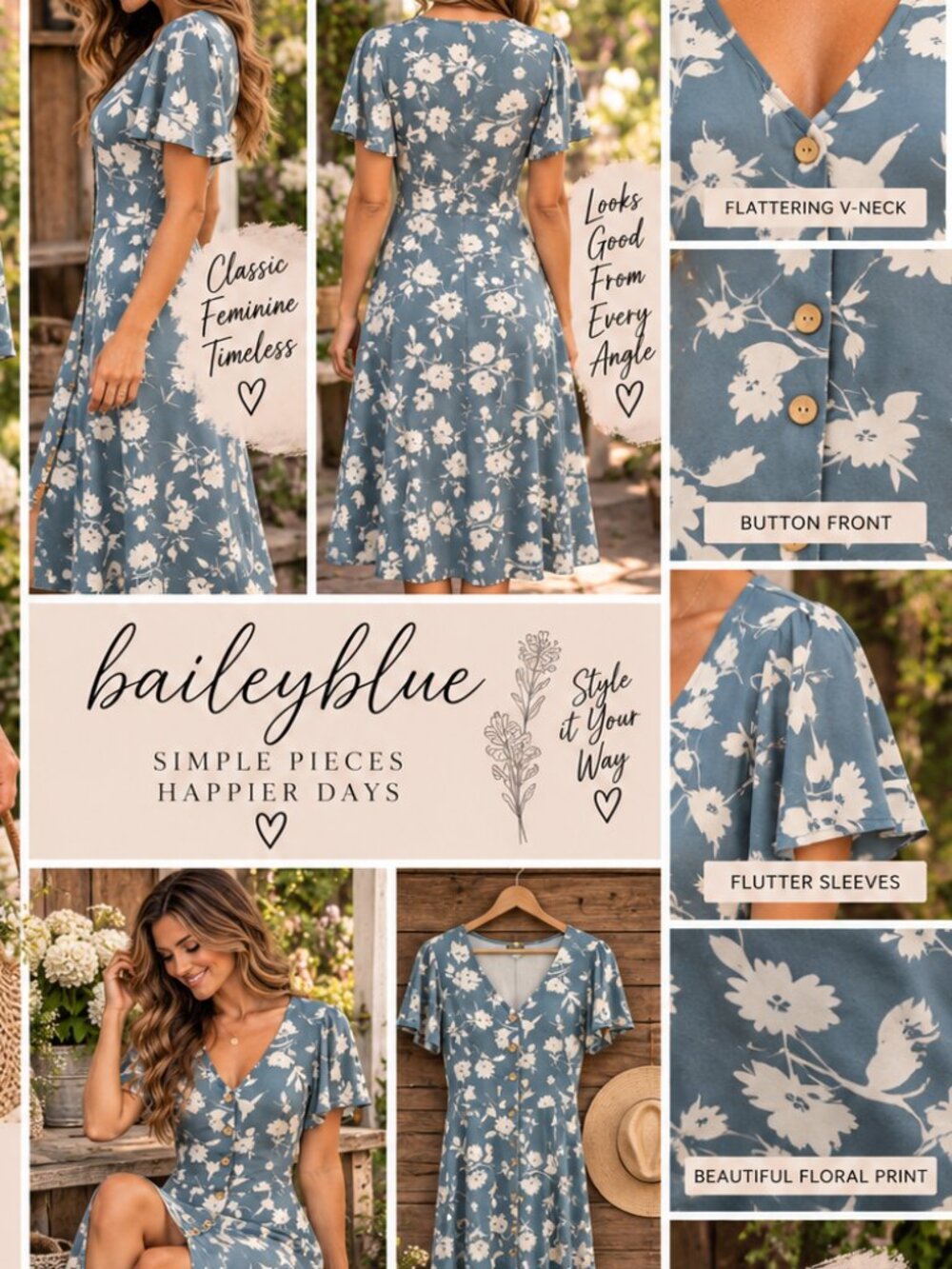 NWT Fortune + Ivy Jacey Teal Floral Button Front Midi Dress M 0078 - Picture 2 of 8